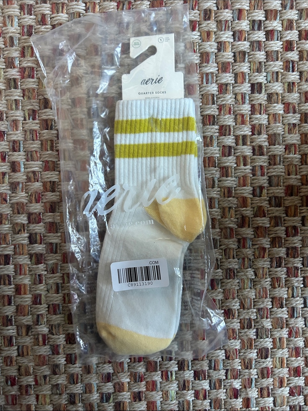 aerie White Quarter Socks with Yellow Stripes and Yellow Toe